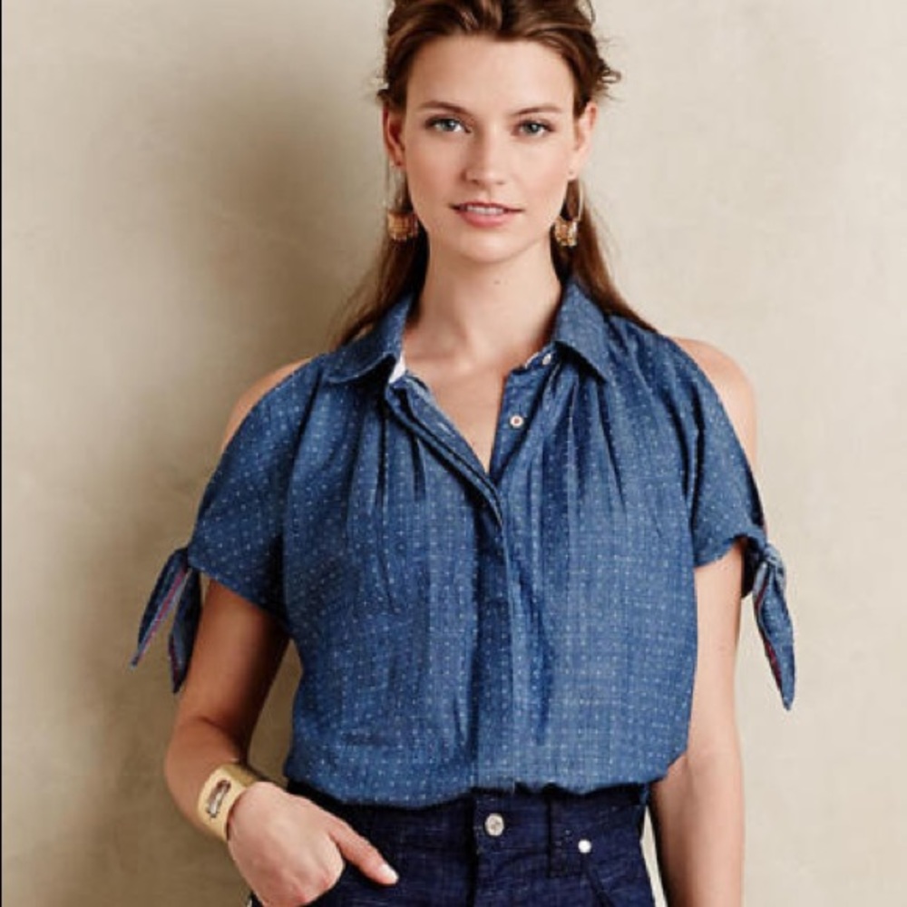 Chambray Cold Shoulder Button Down Top - image 5